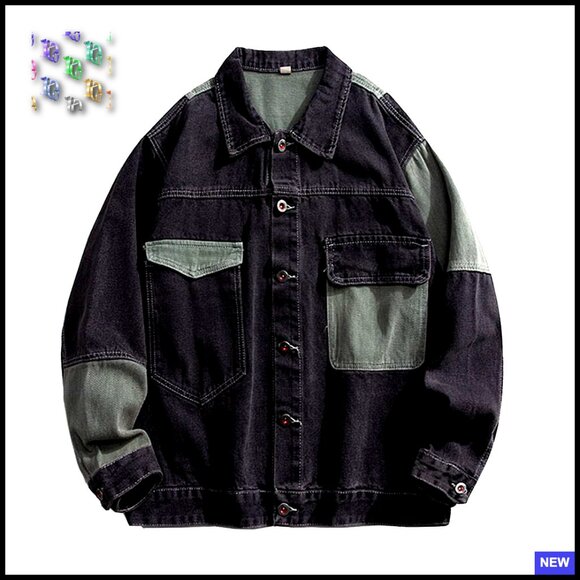 Oversized Denim Jacket Patchwork Color Block Loose Fit Button Down Coat